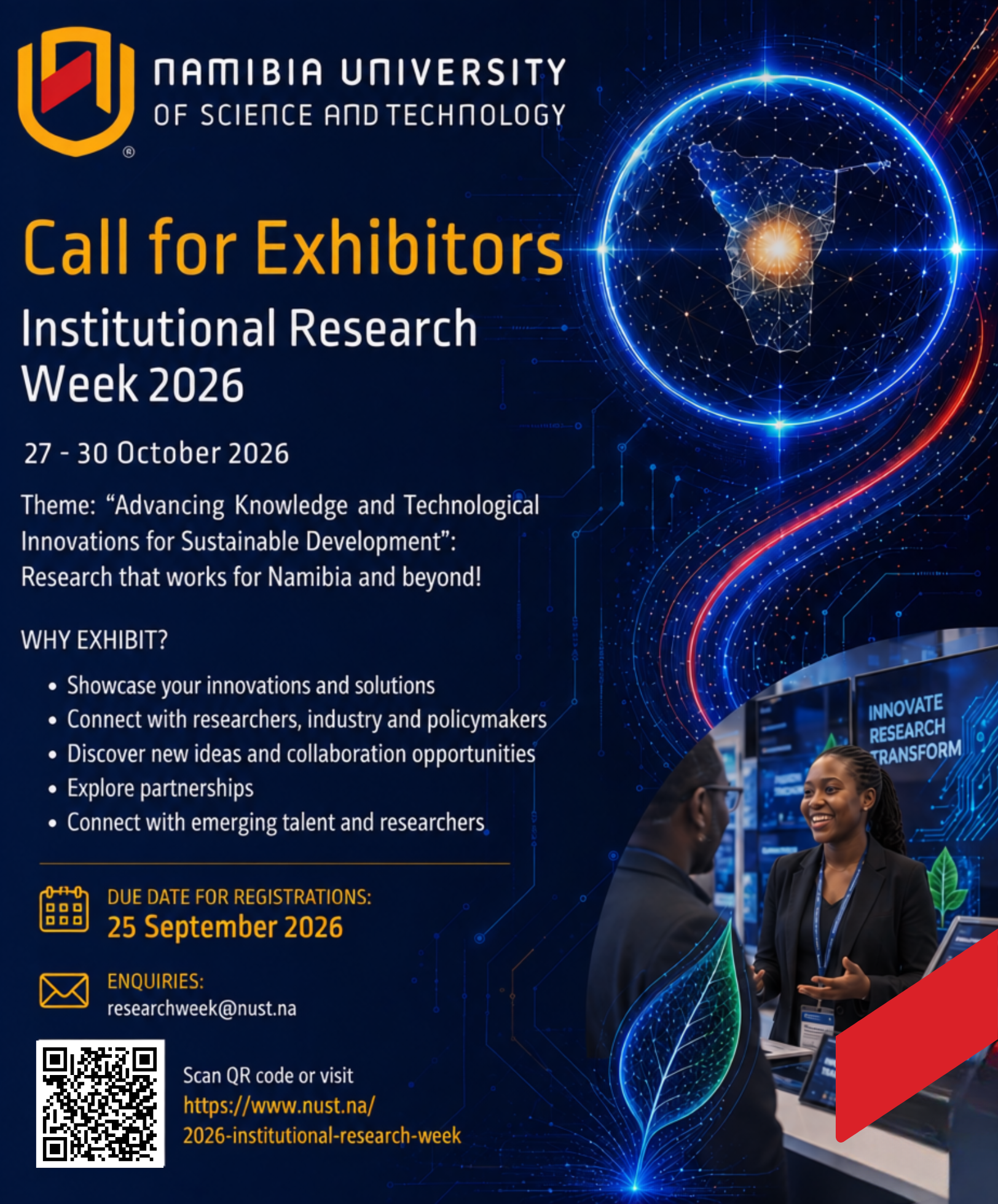 Call for Exhibitors — NUST Institutional Research Week 2026, 27–30 October 2026. Theme: Advancing Knowledge and Technological Innovations for Sustainable Development. Registrations due 25 September 2026. Enquiries: researchweek@nust.na