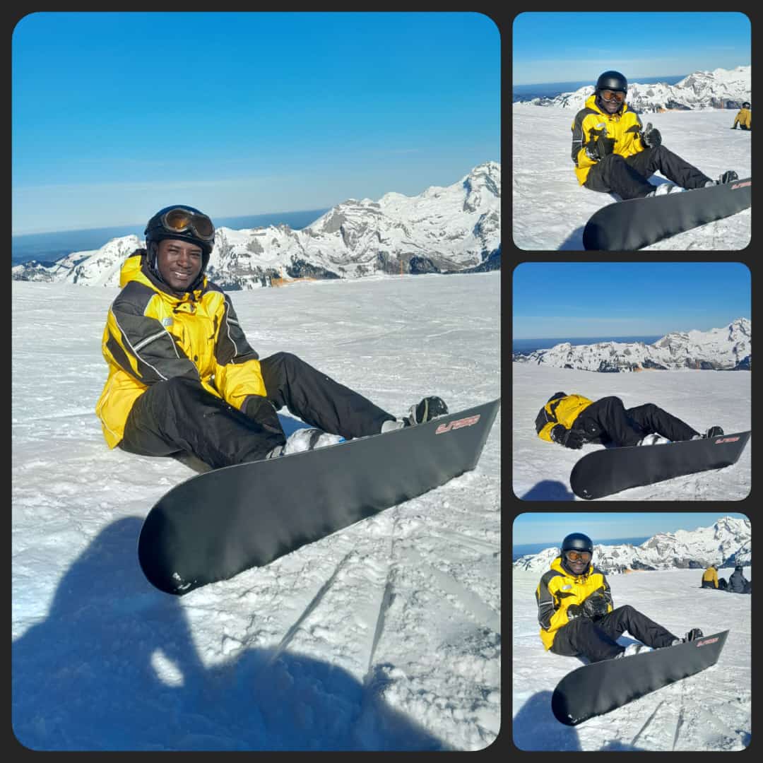 Martin Nambahu enjoying snowboarding in the Swiss Apls.