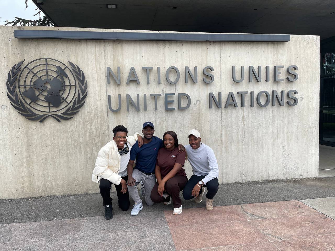  (from left to right): Sakaria Nghivafe, Martin Nambahu, Faith Hungwe and Dawid Amutenya at the United Nations Headquarters in Geneva, Switzerland.
