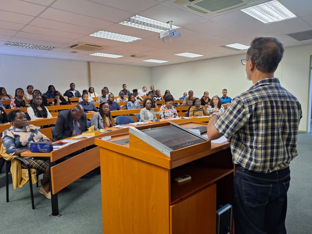 Mr Alexander  Brewis  head of Communication at NUST speaking to students and staff from National  Institute of Petroleum, Kwanza Sul, Angola.