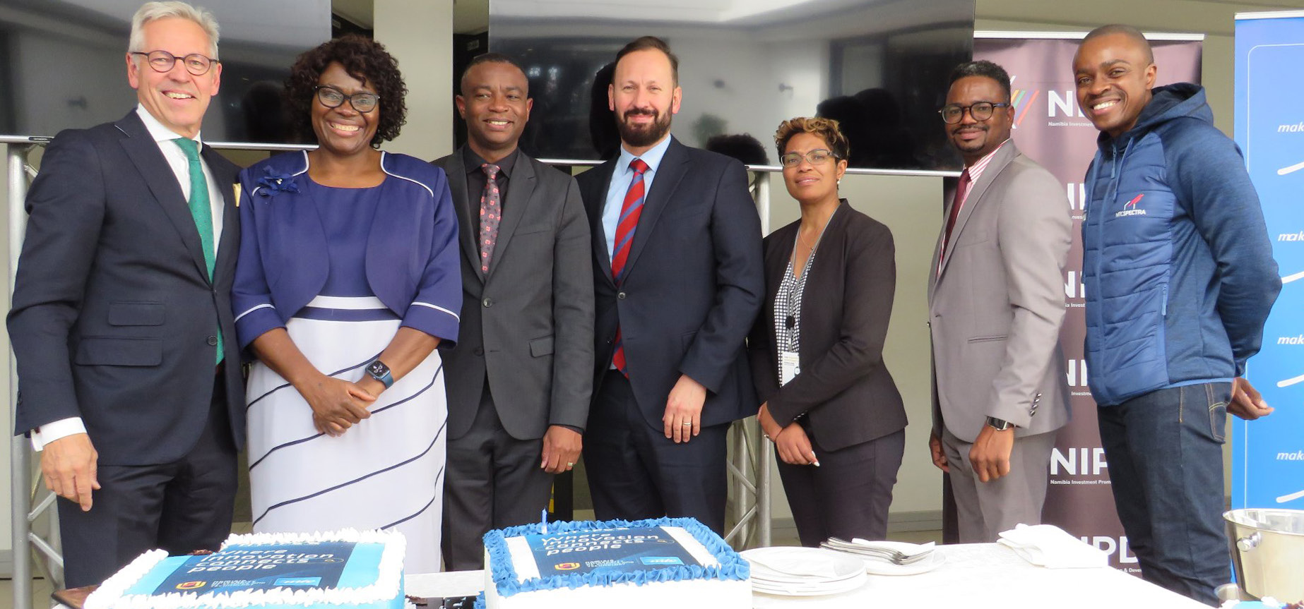 Left to right: Jan Sturesson, International Strategy Advisor; Nangula Uaanda, CEO at Namibia Investment Promotion and Development Board (NIPDB); Dr Erold Naomab, NUST Vice-Chancellor; Francois van Schalkwyk, Directo of Ceremonies; Dr Anna Matros-Goreses, NUST Executive Director: Research, Innovation and Partnerships Directorate; Dr Colin Stanley, NUST Acting Deputy Vice-Chancellor: Research, Innovation and Partnerships; and Melvin Angula, Chief Commercial Officer at MTC.