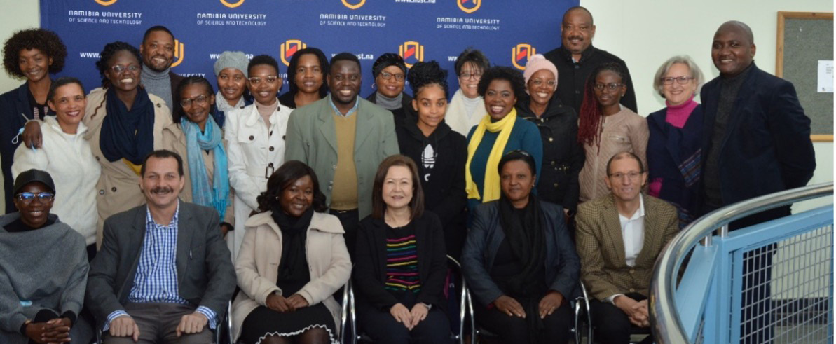 Various trainers and trainees at NUST. From left to right (front row): Jordaania Andima, WIL Coordinator; Gerard Cloete, Lecturer; Martha Namutuwa, Acting-Director: CEU; Rie Shinozakie, JICA: Industry Human Resources Expert; Rejoice Quest, Lecturer; and Valentine Nel, CED: Office Manager