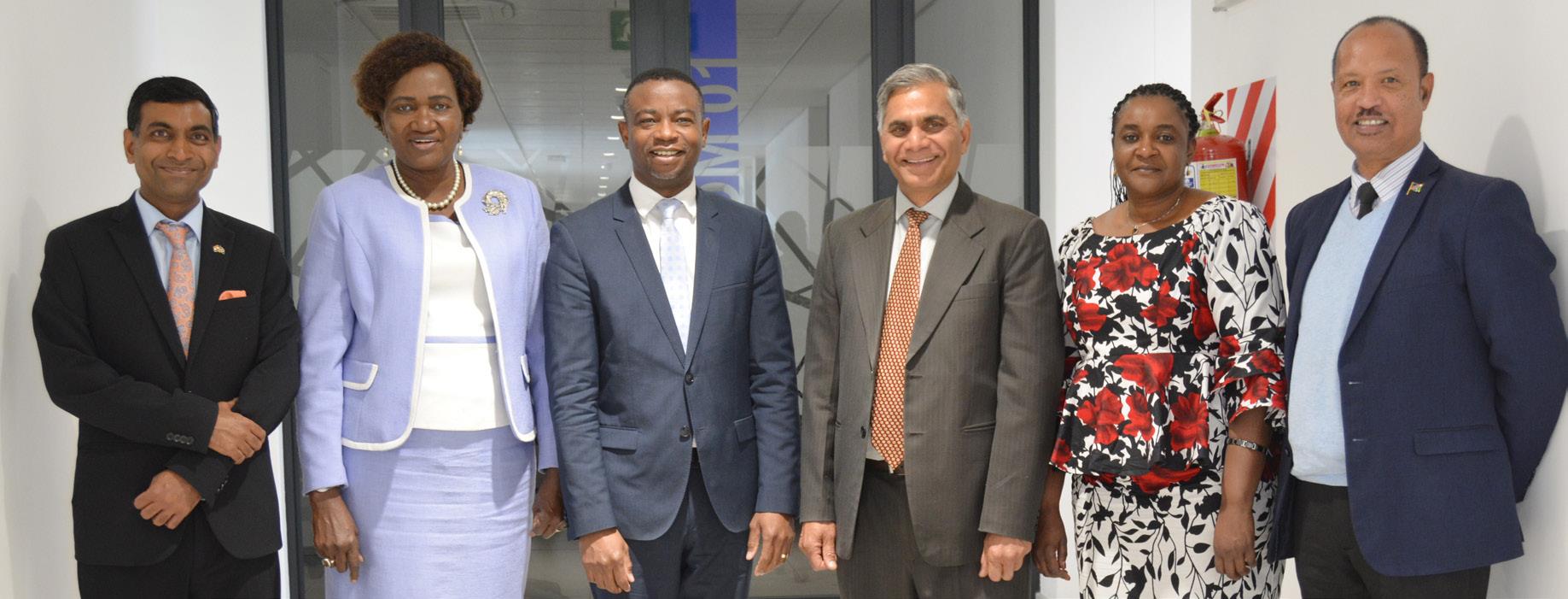 Left to right: His Excellency, Prashant Agrawal, High Commissioner of India to Namibia; Honourable Dr Itah Kandjii-Murangi, Minister of Higher Education, Technology and Innovation; Dr Erold Naomab, NUST Vice-Chancellor; Prof Dharm Singh Jat, UNESCO Chair on Secure High-Performance Computing for Higher Education and Research; Dr Hilma Amwele, UNESCO Chair on Sustainable Water Research for Climate Adaptation and Saline Agriculture in Arid Environments; and Father Rod April, Secretary-General for the Namibia N