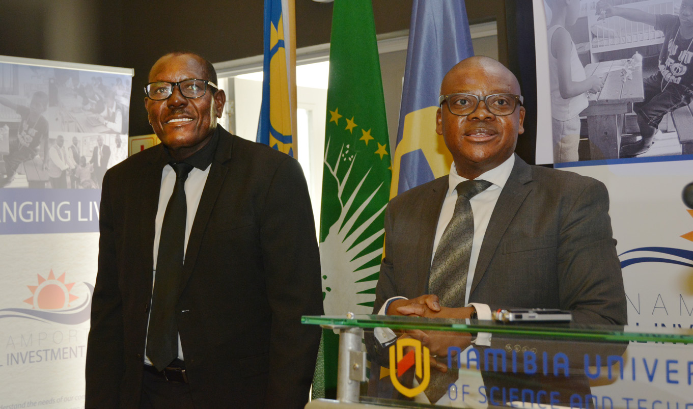 Left to right: Dr Andrew Niikondo, NUST Deputy Vice-Chancellor: Teaching, Learning and Technology; and Andrew Kanime, CEO of Namport and Chairman of the Namport Social Investment Fund.