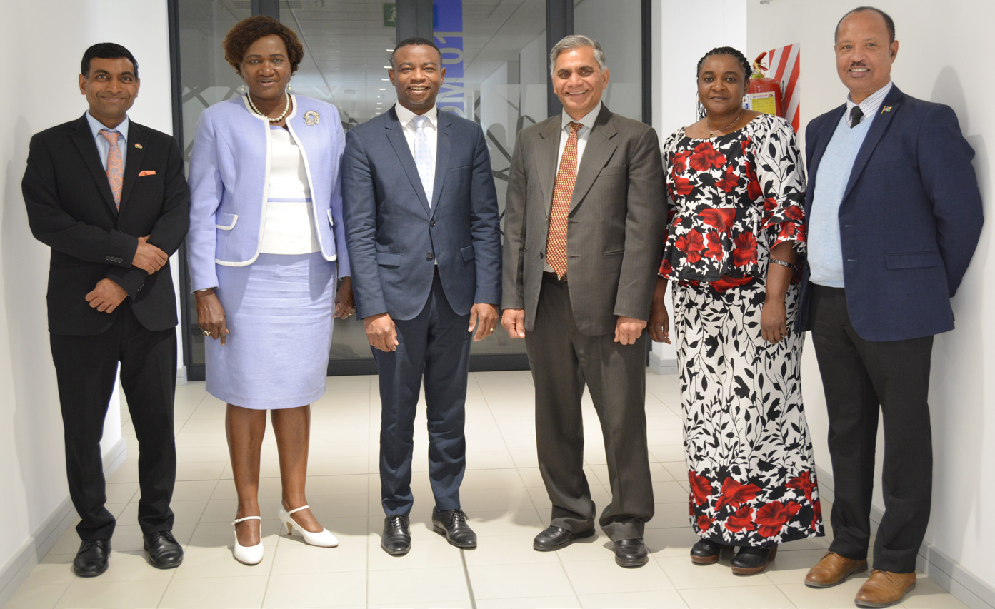 Left to right: His Excellency, Prashant Agrawal, High Commissioner of India to Namibia; Honourable Dr Itah Kandjii-Murangi, Minister of Higher Education, Technology and Innovation; Dr Erold Naomab, NUST Vice- Chancellor; Prof Dharm Singh Jat, UNESCO Chair on Secure High-Performance Computing for Higher Education and Research; Dr Hilma Amwele, UNESCO Chair on Sustainable Water Research for Climate Adaptation and Saline Agriculture in Arid Environments; and Father Rod April, Secretary-General for the Namibia 