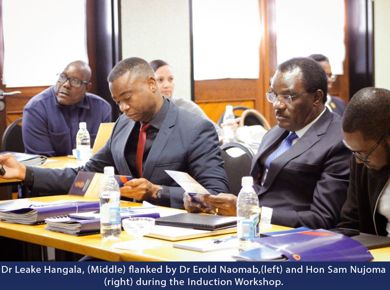 Dr Leake Hangala, (Middle) flanked by Dr Erold Naomab,(left) and Hon Sam Nujoma (right) during the Induction Workshop.