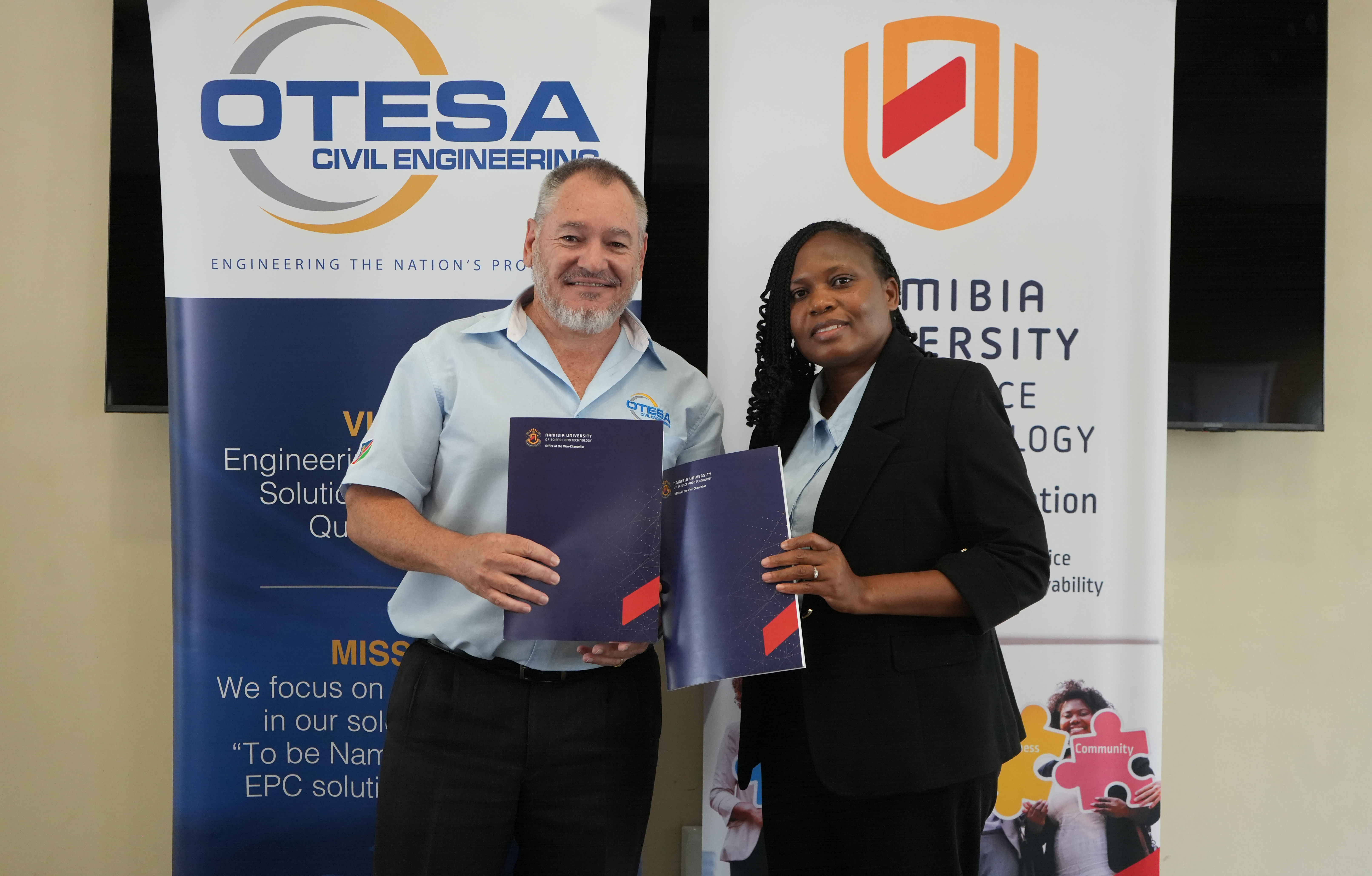 Rudolf Coetzee, Chief People and Culture Officer at OTESA pictured with Prof Teresia Kaulihowa, Deputy Vice-Chancellor: Teaching, Learning and Technology at NUST