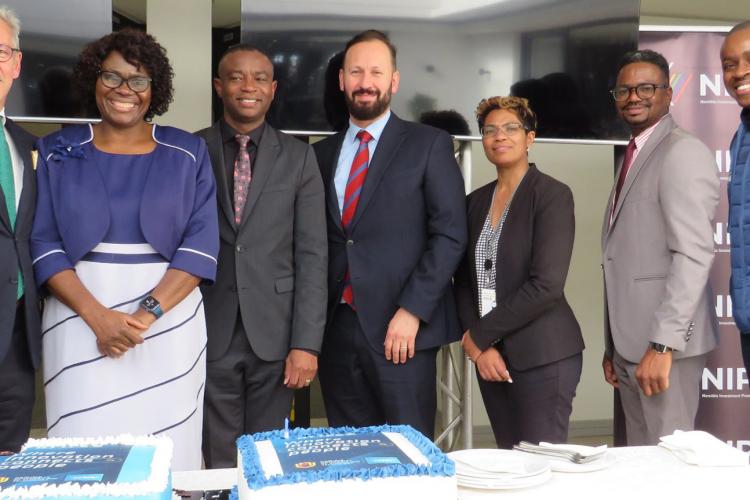 Left to right: Jan Sturesson, International Strategy Advisor; Nangula Uaanda, CEO at Namibia Investment Promotion and Development Board (NIPDB); Dr Erold Naomab, NUST Vice-Chancellor; Francois van Schalkwyk, Directo of Ceremonies; Dr Anna Matros-Goreses, NUST Executive Director: Research, Innovation and Partnerships Directorate; Dr Colin Stanley, NUST Acting Deputy Vice-Chancellor: Research, Innovation and Partnerships; and Melvin Angula, Chief Commercial Officer at MTC.