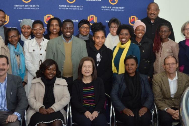 Various trainers and trainees at NUST. From left to right (front row): Jordaania Andima, WIL Coordinator; Gerard Cloete, Lecturer; Martha Namutuwa, Acting-Director: CEU; Rie Shinozakie, JICA: Industry Human Resources Expert; Rejoice Quest, Lecturer; and Valentine Nel, CED: Office Manager