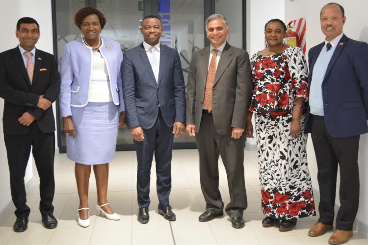 Left to right: His Excellency, Prashant Agrawal, High Commissioner of India to Namibia; Honourable Dr Itah Kandjii-Murangi, Minister of Higher Education, Technology and Innovation; Dr Erold Naomab, NUST Vice- Chancellor; Prof Dharm Singh Jat, UNESCO Chair on Secure High-Performance Computing for Higher Education and Research; Dr Hilma Amwele, UNESCO Chair on Sustainable Water Research for Climate Adaptation and Saline Agriculture in Arid Environments; and Father Rod April, Secretary-General for the Namibia 