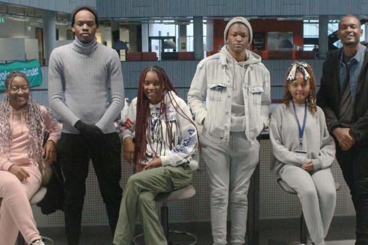 From left to right: Kaulyaalalwa Peter, Isaac Makosa, Selma Auala, Jason Mendes, Francineth Bauleth and Lemuel Mayinoti at the AAU Create building.