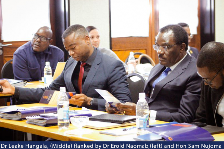 Dr Leake Hangala, (Middle) flanked by Dr Erold Naomab,(left) and Hon Sam Nujoma (right) during the Induction Workshop.