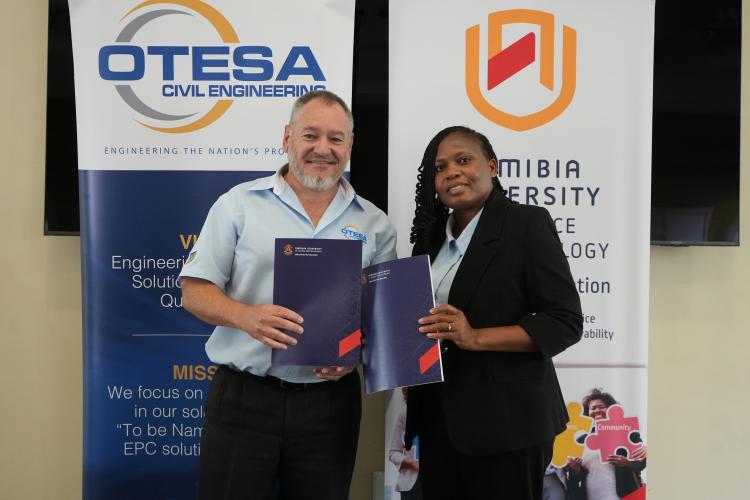 Rudolf Coetzee, Chief People and Culture Officer at OTESA pictured with Prof Teresia Kaulihowa, Deputy Vice-Chancellor: Teaching, Learning and Technology at NUST