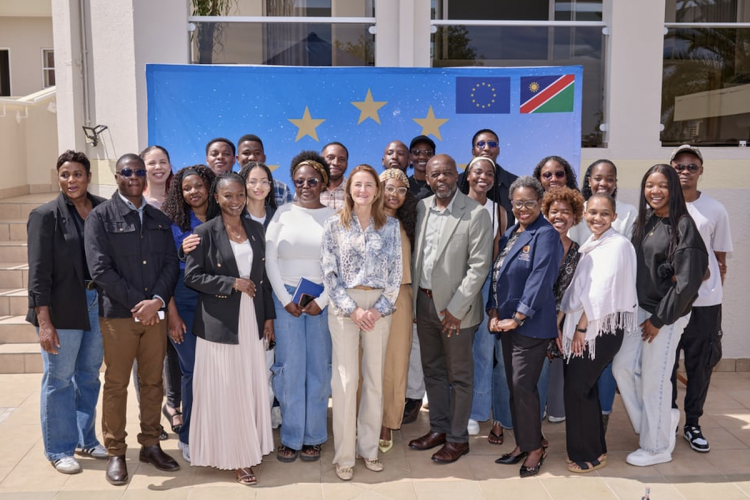 NUST students are pictured with Her Excellency Ana Beatriz Martins, Ambassador of the European Union to Namibia; Dr Lisho Mundia, Deputy Executive Director of Higher Education, Training, Research and Innovation in the Ministry of Education, Innovation, Youth, Sports, Arts and Culture (MEIYSAC), Nashilongo Gervasius, Director of Corporate Engagement, Internationalisation at NUST; and staff members from the NUST International Office.