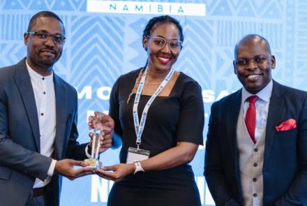 Khumalo Kapelwa, Acting Manager for NUST’s Cooperative Education Department (left), accepting the award for the Highest Student Placement at the Institute for People Management (IPM) Conference. The award was handed over by Lisa Matomola, IPM President, together with Human Resources Professional, Yangeni Chendela.