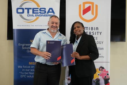 Rudolf Coetzee, Chief People and Culture Officer at OTESA pictured with Prof Teresia Kaulihowa, Deputy Vice-Chancellor: Teaching, Learning and Technology at NUST