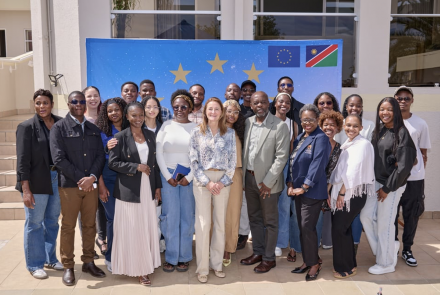 NUST students are pictured with Her Excellency Ana Beatriz Martins, Ambassador of the European Union to Namibia; Dr Lisho Mundia, Deputy Executive Director of Higher Education, Training, Research and Innovation in the Ministry of Education, Innovation, Youth, Sports, Arts and Culture (MEIYSAC), Nashilongo Gervasius, Director of Corporate Engagement, Internationalisation at NUST; and staff members from the NUST International Office.